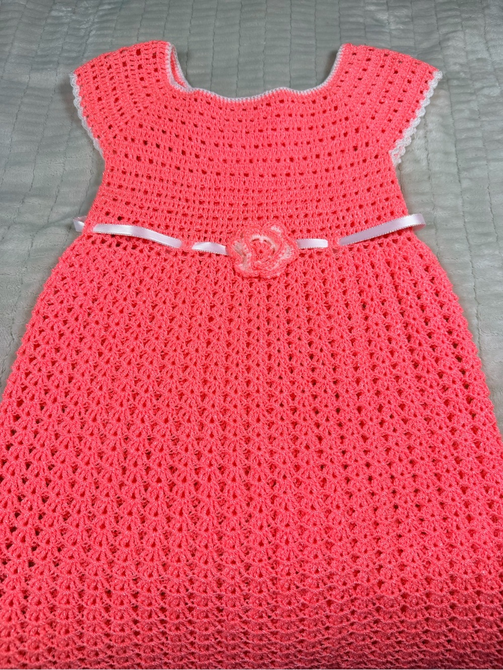 Handmade Crochet Girls Dress Pink Coral Cottagecore Heirloom Flower Ribbon - Picture 6 of 12